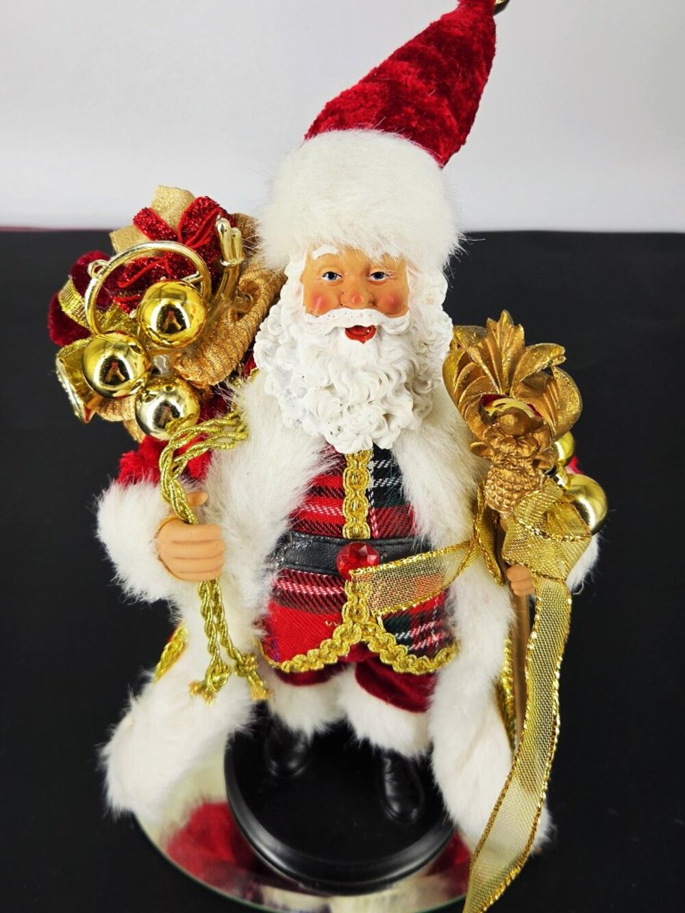 Christmas Santa Claus Figurine Red Velvet Coat Bag & Gold Staff Tartan Vest 12"